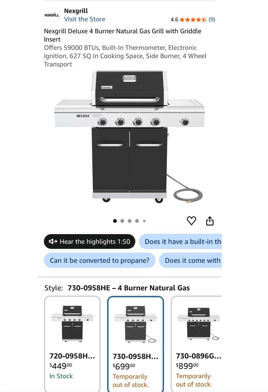 Nexgrill Deluxe 4-Burner Natural Gas Grill in Black with Ceramic Searing Side Bu